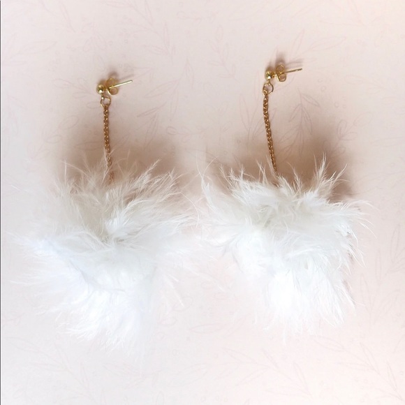 Fluffy Feather Pom Pom Chain Earrings - Picture 2 of 3